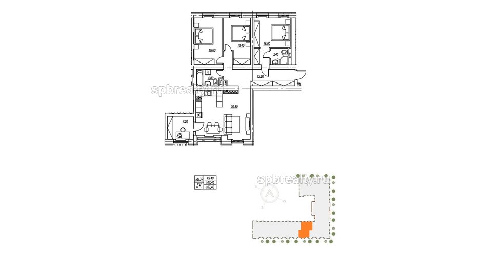 Квартира в ЖК «Аура», 3 комнатная, 106.7 м², 1 этаж