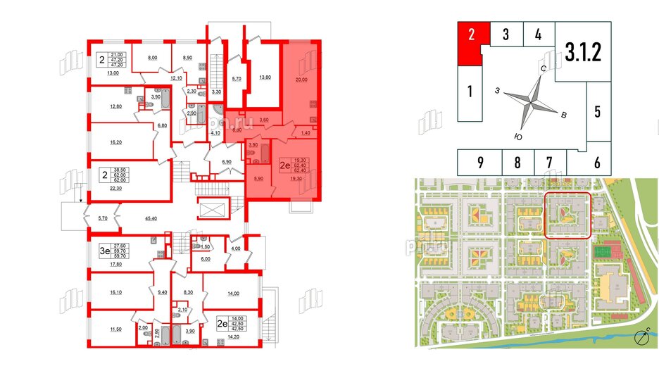 Квартира в ЖК 'OKLA', 2 комнатная, 62 м², 1 этаж