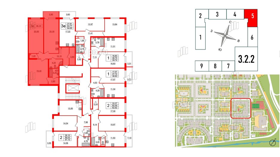 Квартира в ЖК 'OKLA', 2 комнатная, 86.14 м², 2 этаж