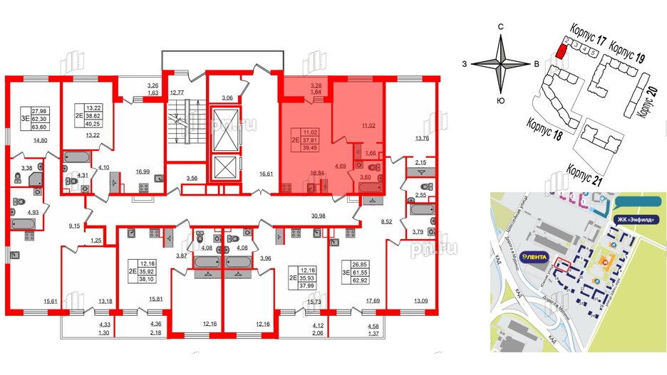 Квартира в ЖК Энфилд, 2 комнатная, 62.92 м², 2 этаж