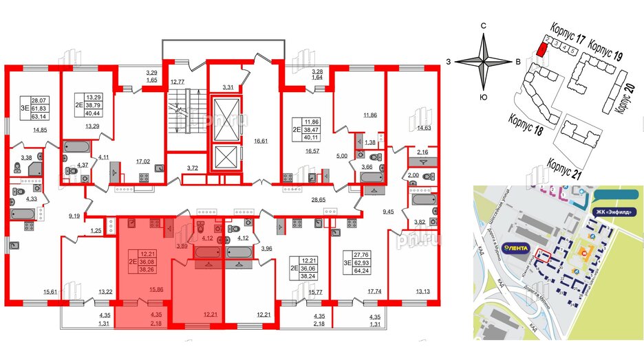 Квартира в ЖК Энфилд, 2 комнатная, 63.14 м², 3 этаж