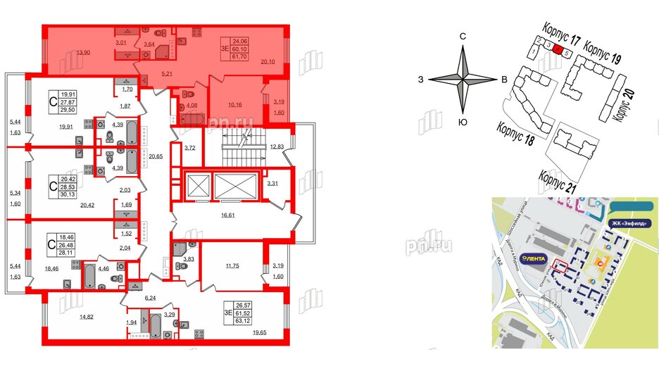 Квартира в ЖК Энфилд, 2 комнатная, 61.7 м², 4 этаж