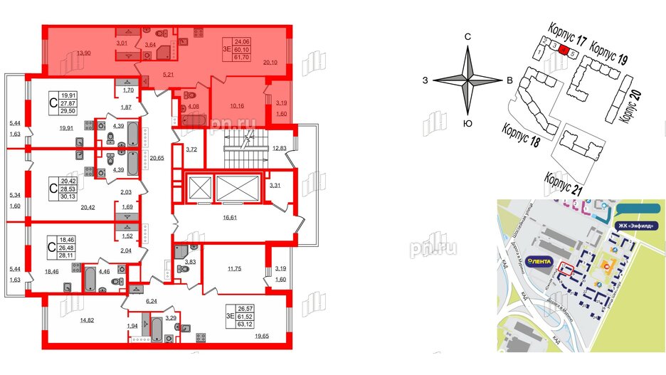 Квартира в ЖК Энфилд, 2 комнатная, 61.7 м², 12 этаж