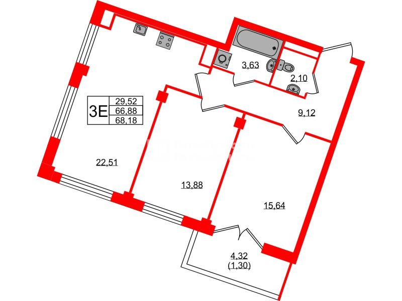 Квартира в ЖК Neva Residence, 2 комнатная, 68.8 м², 8 этаж