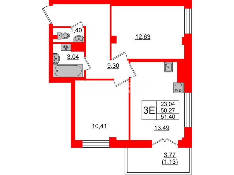 Квартира в ЖК Neva Residence, 2 комнатная, 51.5 м², 8 этаж
