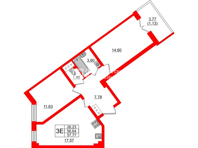 Квартира в ЖК Neva Residence, 2 комнатная, 57.9 м², 8 этаж