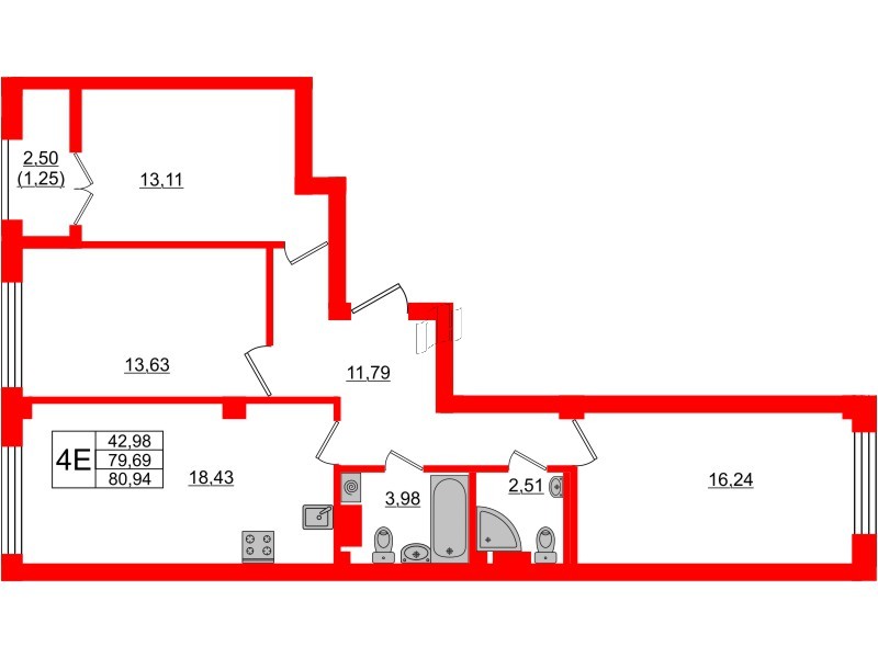Квартира в ЖК Neva Residence, 3 комнатная, 80.8 м², 7 этаж