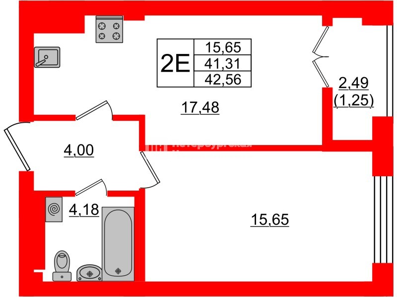 Квартира в ЖК Neva Residence, 1 комнатная, 42.2 м², 8 этаж