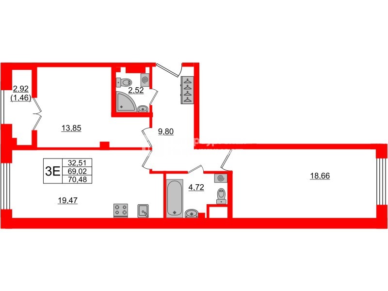 Квартира в ЖК Neva Residence, 2 комнатная, 70.5 м², 8 этаж