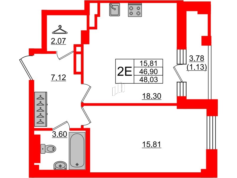 Квартира в ЖК Neva Residence, 1 комнатная, 48.4 м², 8 этаж