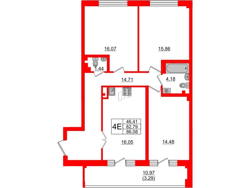Квартира в ЖК Neva Residence, 3 комнатная, 88.2 м², 7 этаж