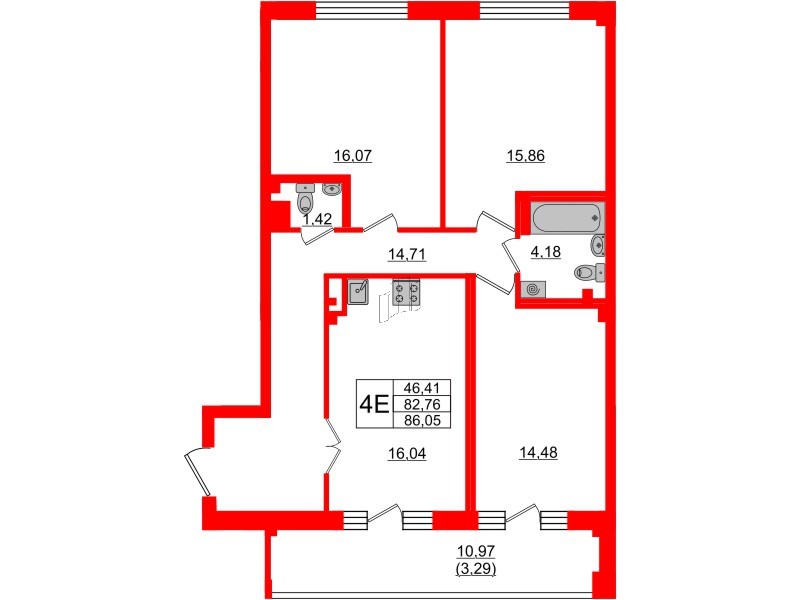 Квартира в ЖК Neva Residence, 3 комнатная, 87.1 м², 8 этаж