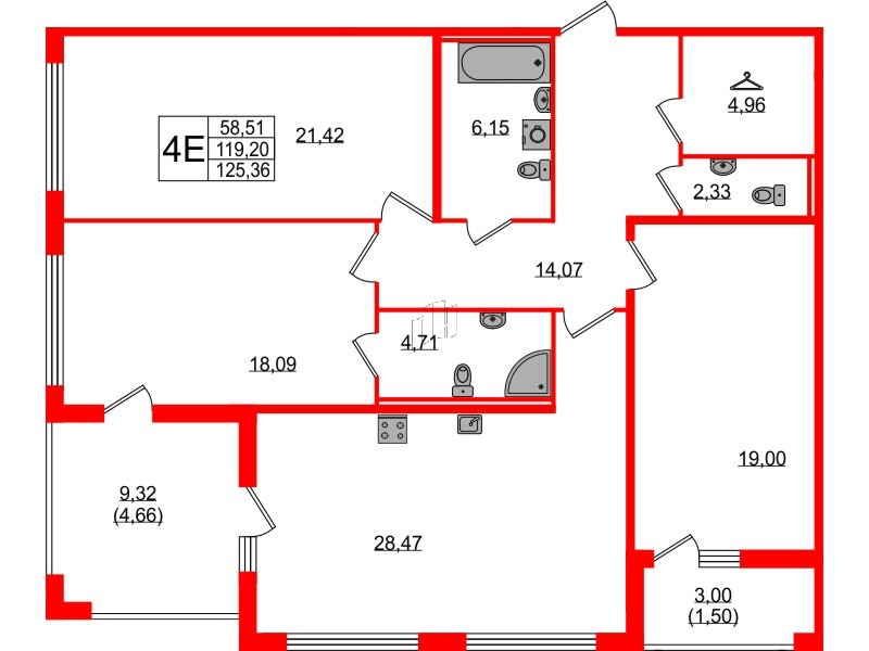 Квартира в ЖК 'Фамилия', 3 комнатная, 125.36 м², 1 этаж