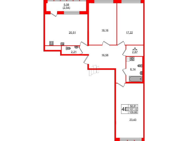 Квартира в ЖК 'Фамилия', 3 комнатная, 109.66 м², 7 этаж