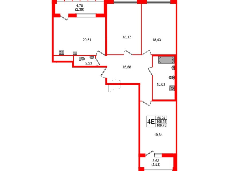 Квартира в ЖК 'Фамилия', 3 комнатная, 109.75 м², 2 этаж