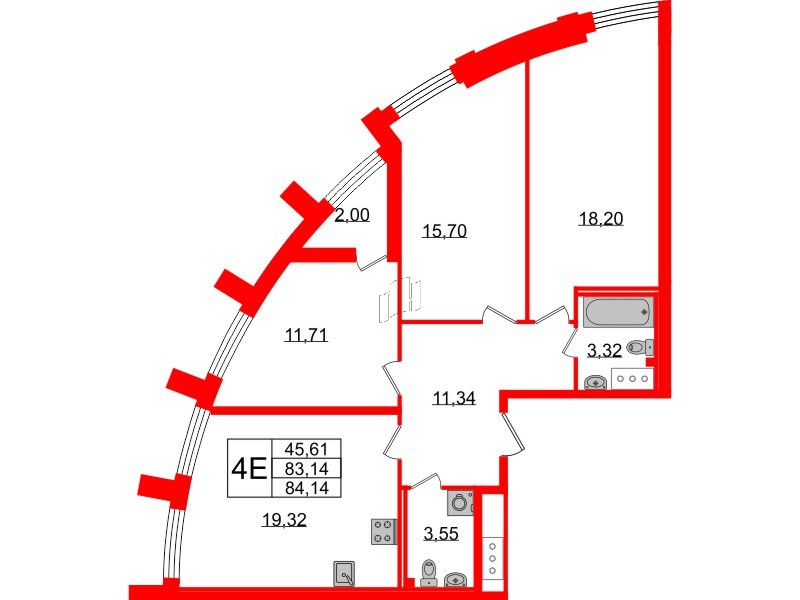 Квартира в ЖК Морская набережная.SeaView 2, 3 комнатная, 84.14 м², 14 этаж