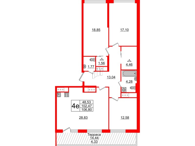 Квартира в ЖК GloraX Заневский, 3 комнатная, 106.8 м², 14 этаж