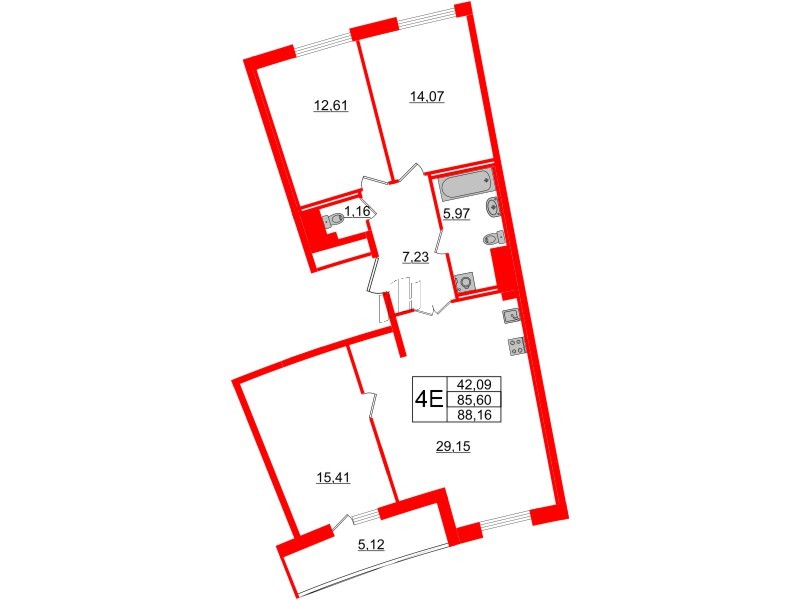 Квартира в ЖК Морская набережная.SeaView 2, 3 комнатная, 88.16 м², 14 этаж