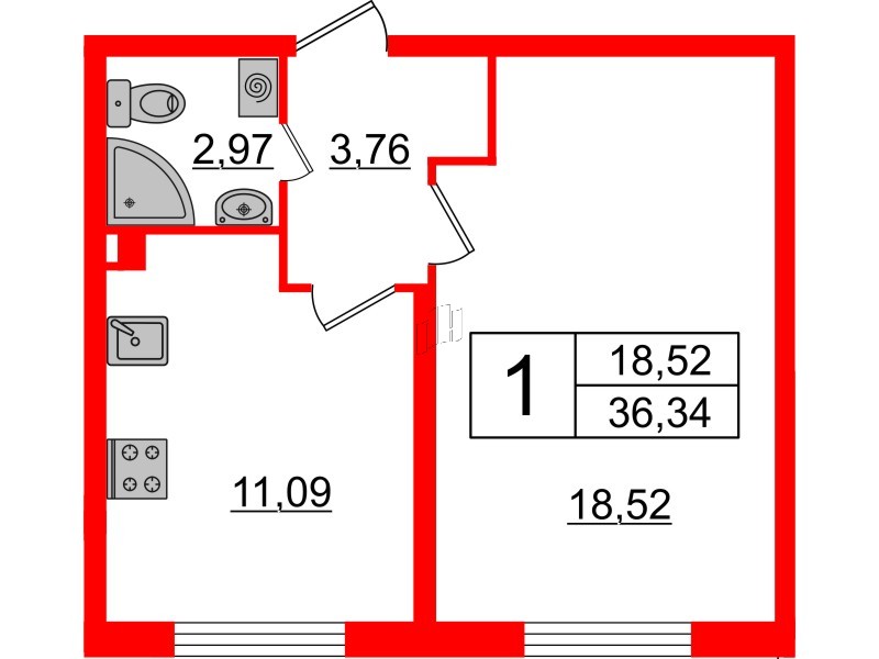 Квартира в ЖК Верево Сити, 1 комнатная, 36.34 м², 1 этаж