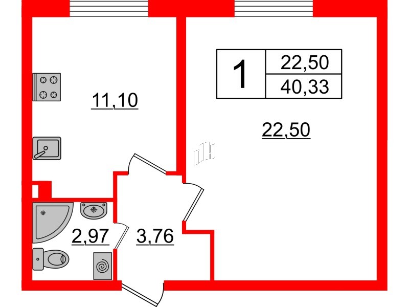 Квартира в ЖК Верево Сити, 1 комнатная, 40.33 м², 1 этаж