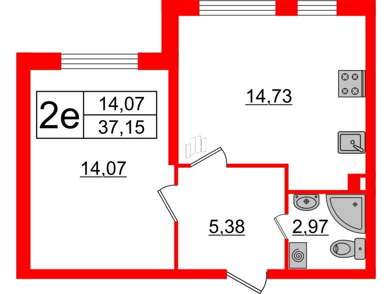 Квартира в ЖК Верево Сити, 1 комнатная, 37.15 м², 1 этаж