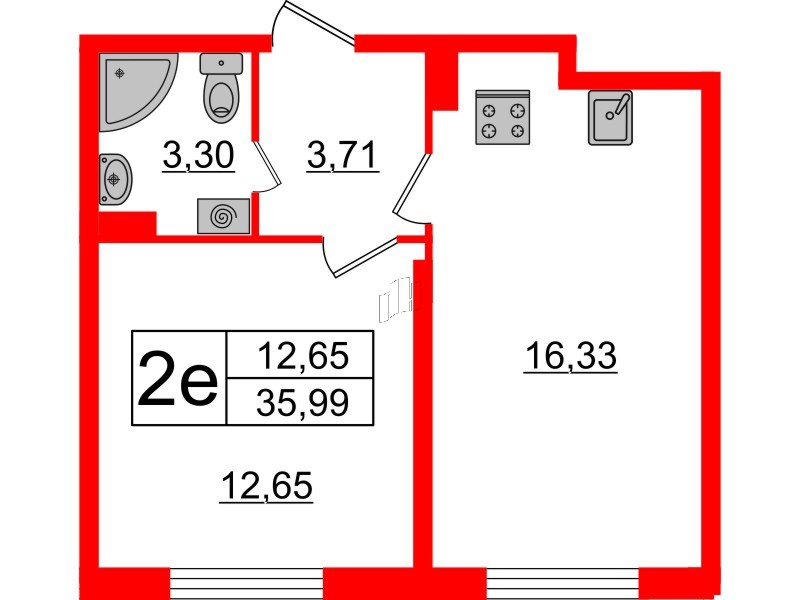 Квартира в ЖК Верево Сити, 1 комнатная, 35.99 м², 4 этаж