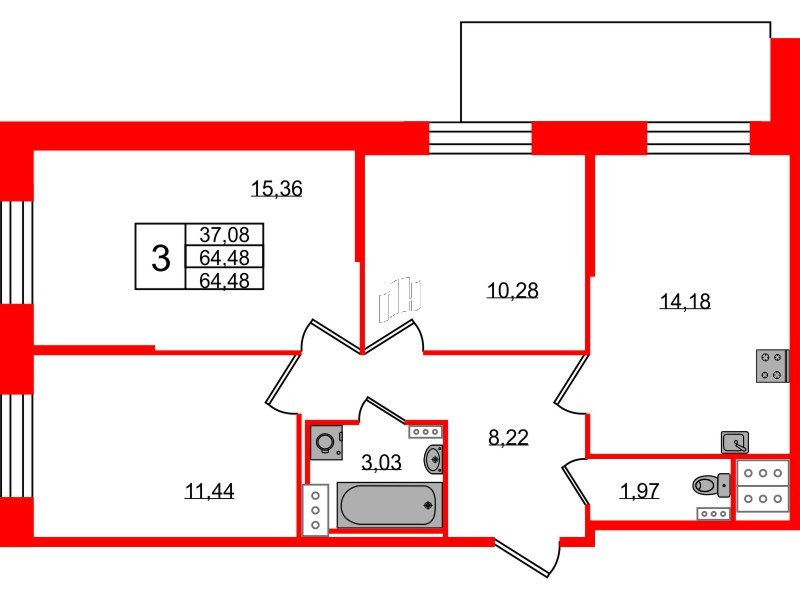 Квартира в ЖК Новое Колпино, 3 комнатная, 64.48 м², 2 этаж