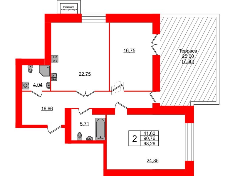 Квартира в ЖК Листва, 2 комнатная, 98.7 м², 12 этаж