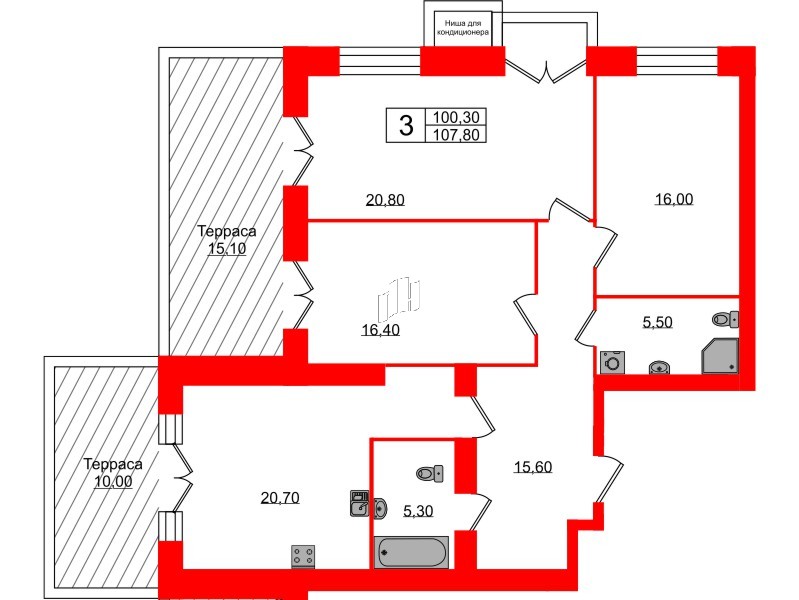 Квартира в ЖК Листва, 3 комнатная, 107.8 м², 13 этаж