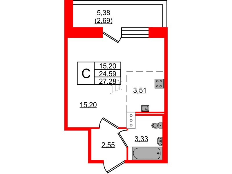 Квартира в ЖК Удача, студия, 27.2 м², 2 этаж
