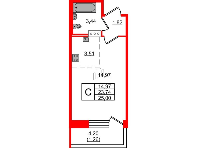 Квартира в ЖК Удача, студия, 24.8 м², 2 этаж