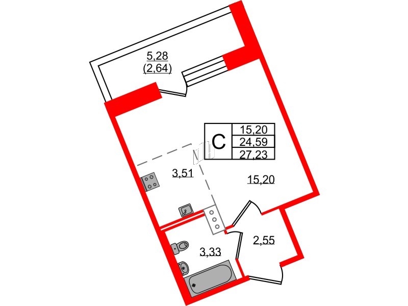 Квартира в ЖК Удача, студия, 27.2 м², 2 этаж