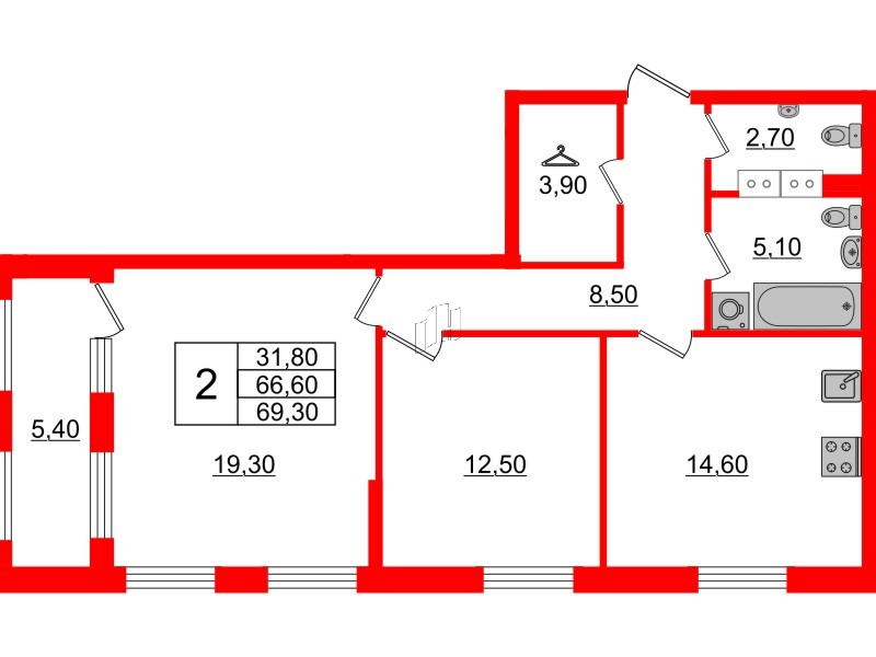 Квартира в ЖК Тайм Сквер, 2 комнатная, 69.3 м², 6 этаж