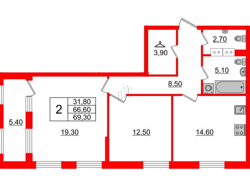 Квартира в ЖК Тайм Сквер, 2 комнатная, 69.3 м², 11 этаж