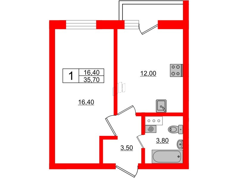 Квартира в ЖК «Дуэт», 1 комнатная, 36.9 м², 5 этаж