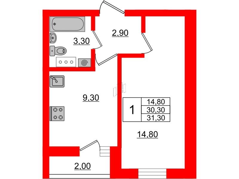 Квартира в ЖК «Дуэт», 1 комнатная, 31.5 м², 3 этаж