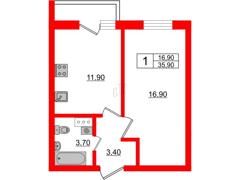 Квартира в ЖК «Дуэт», 1 комнатная, 37.1 м², 2 этаж
