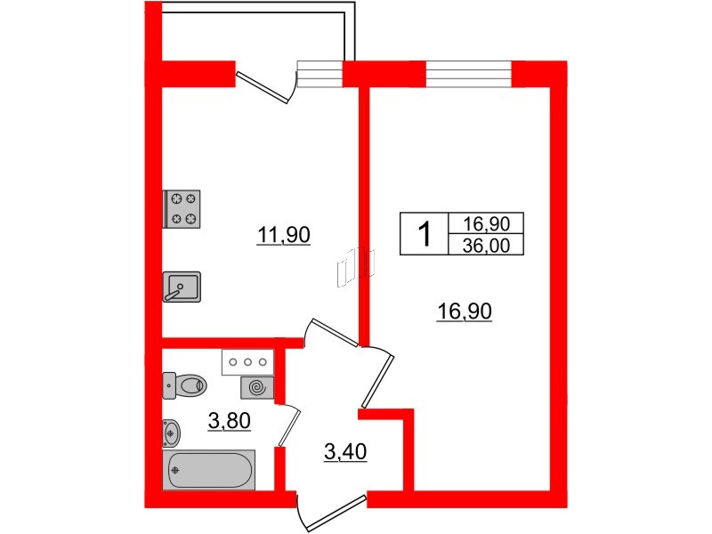 Квартира в ЖК «Дуэт», 1 комнатная, 37.2 м², 5 этаж