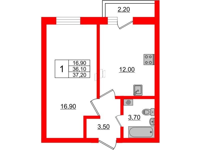 Квартира в ЖК «Дуэт», 1 комнатная, 37.7 м², 1 этаж