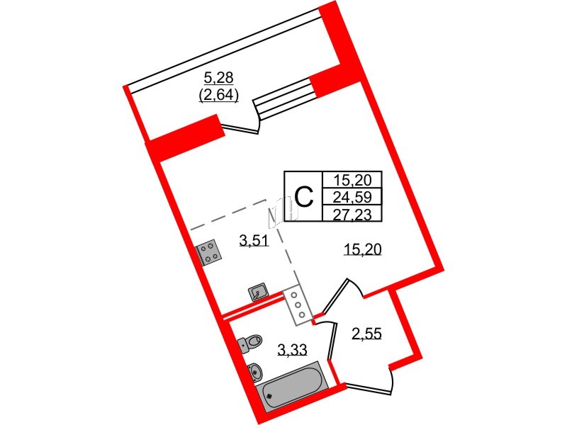Квартира в ЖК Удача, студия, 27.3 м², 11 этаж