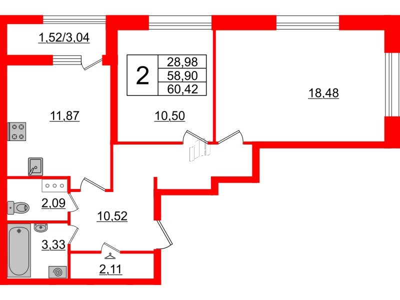 Квартира в ЖК БелАРТ, 2 комнатная, 60.42 м², 10 этаж