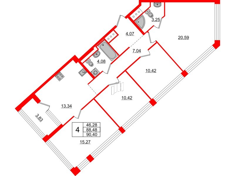 Квартира в ЖК Glorax Premium Василеостровский, 4 комнатная, 90.4 м², 18 этаж