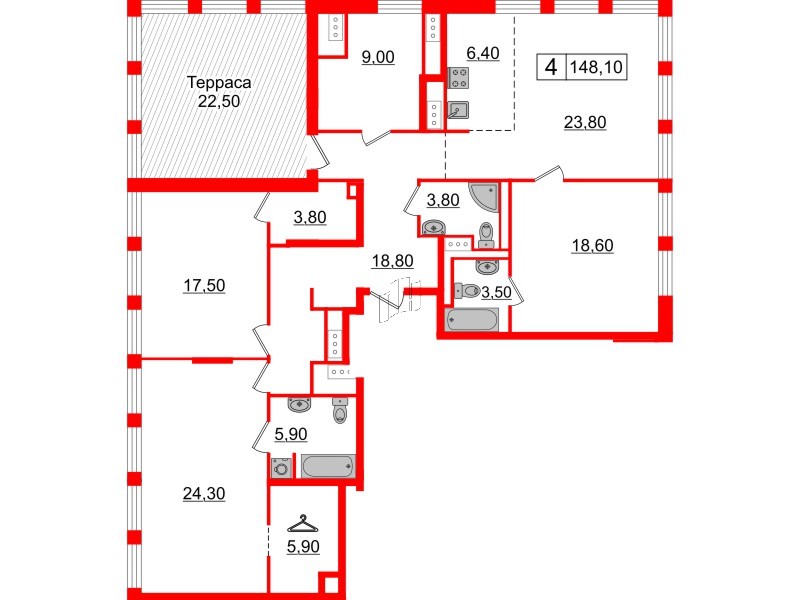 Квартира в ЖК Glorax Premium Василеостровский, 4 комнатная, 148.1 м², 19 этаж