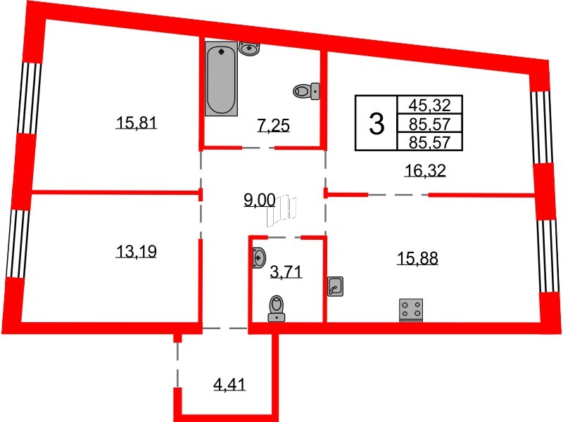 Квартира в ЖК Северная корона, 3 комнатная, 85.57 м², 3 этаж