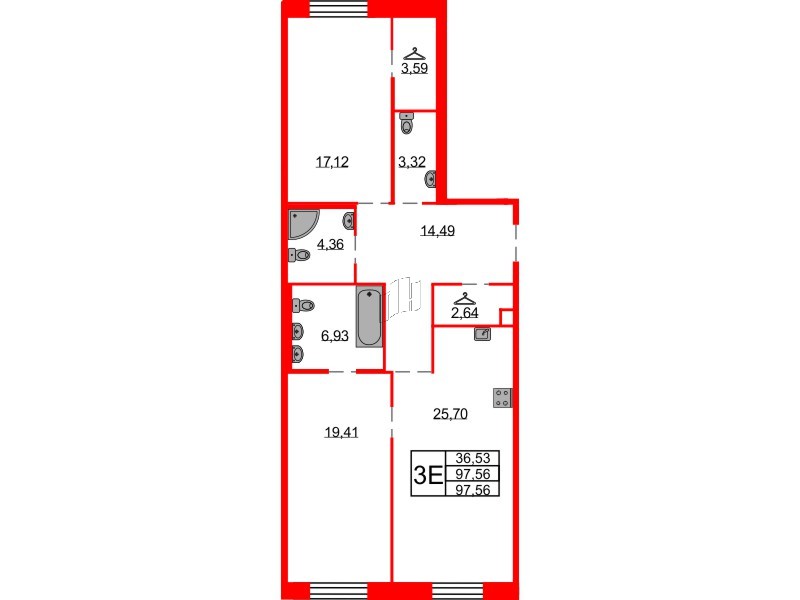 Квартира в ЖК Северная корона, 2 комнатная, 97.56 м², 2 этаж
