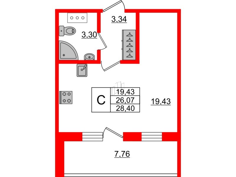 Апартаменты в ЖК Берег. Курортный, студия, 28.4 м², 5 этаж