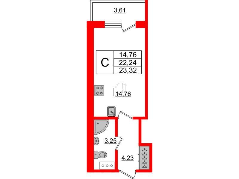 Апартаменты в ЖК Берег. Курортный, студия, 23.32 м², 5 этаж