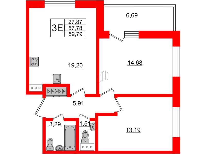 Апартаменты в ЖК Берег. Курортный, 2 комнатные, 59.79 м², 4 этаж