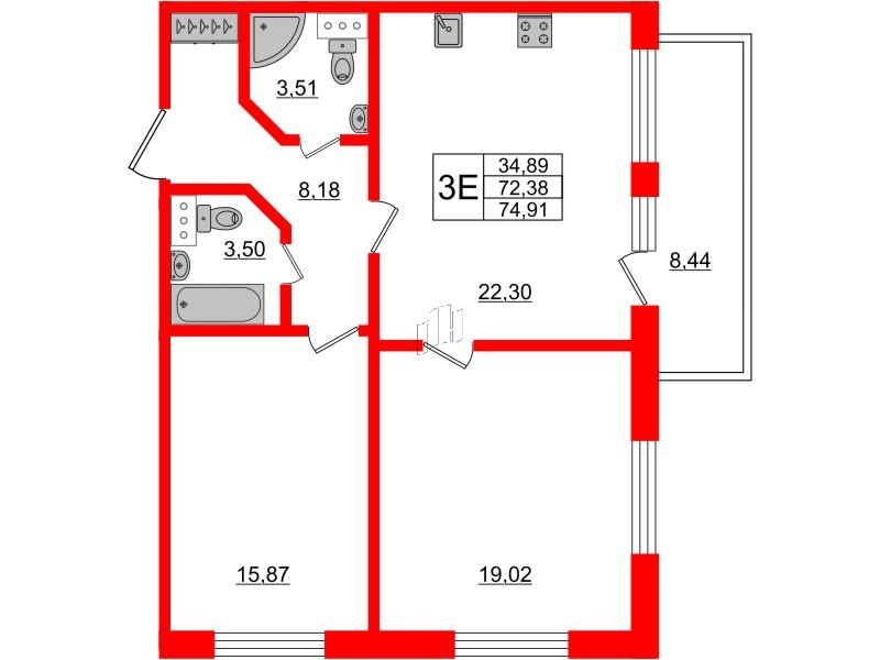 Апартаменты в ЖК Берег. Курортный, 2 комнатные, 74.91 м², 2 этаж