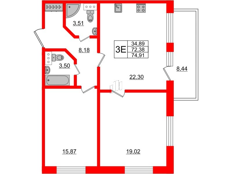 Апартаменты в ЖК Берег. Курортный, 2 комнатные, 74.91 м², 5 этаж
